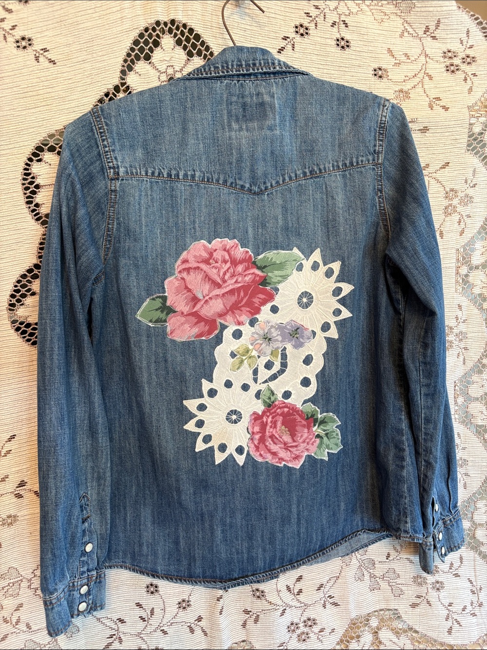 up cycled denim shirt with appliquéd florals and lace